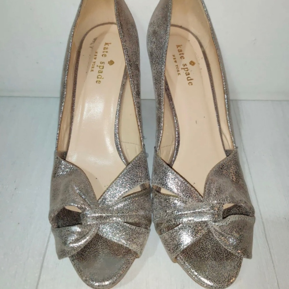 Kate Spade Size 6.5 Silver Pewter Glitter Peep Toe Stiletto Pump Heels Sandals